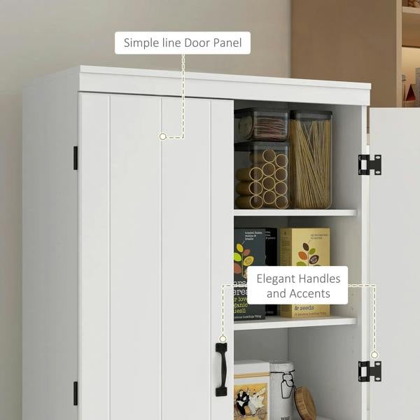White cabinet with four doors open, black handles, and multi-tier interior shelves