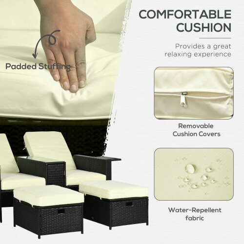 Wyld Haus Niludo Faux Rattan Black and Cream 5 Piece Adjustable Sun Lounger Set With Storage Table And Footstools