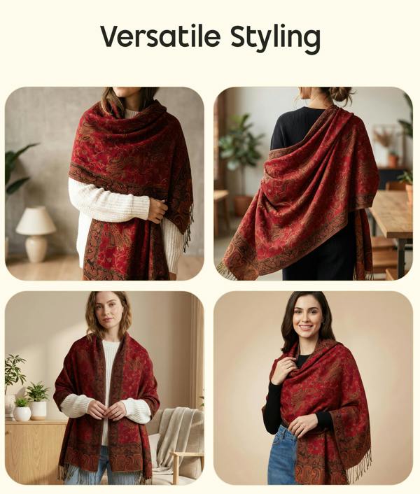 VIA MONTEN Women’s Paisley Pashmina Style Scarf, Oversized Jacquard Shawl Wrap with Fringe for Daily Styling