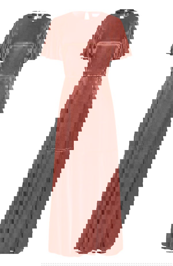 Satin full length flutter sleeve bridesmaids dress in Terracotta in environmentally friendly fabric with a side split. A beautiful rich cinnamon rose gold colour.