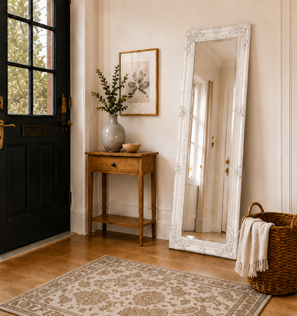Downton Interiors Antique White Tall Ornate Dressing Wall Mirror with Bevelled Glass 142cm