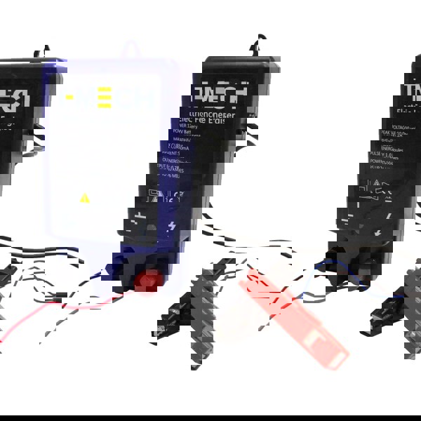 T-Mech Electric Fence Energiser in blue with red and black connectors, designed for powering electric fences up to 3 miles