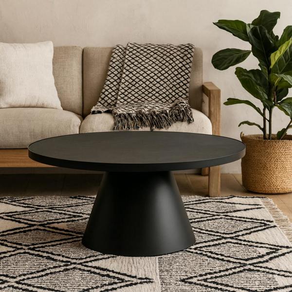 Wyld Haus Hamburg Round Black Ceramic Coffee Table Steel Pillar Base