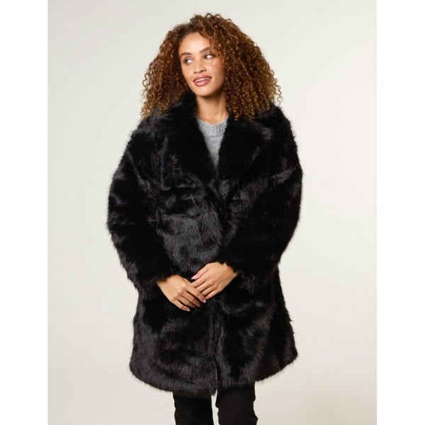 Blue Vanilla Faux Fur Long Coat - Black