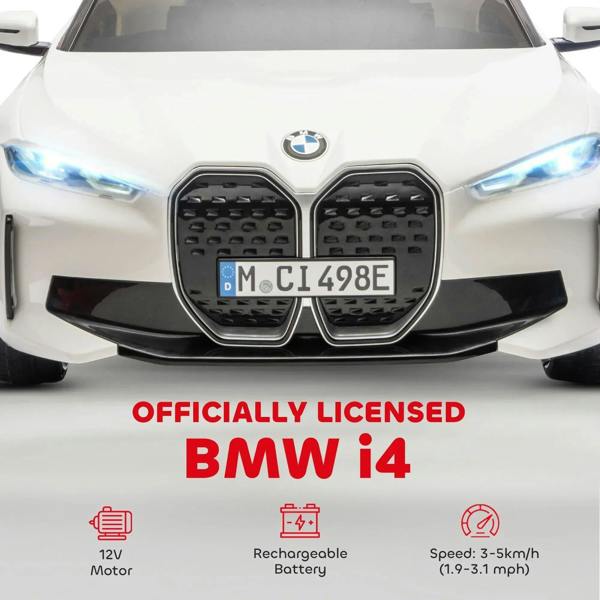 White kids electric ride-on car, front grille with BMW emblem and dual light bars.