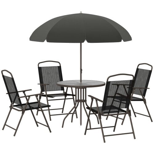 Wyld Haus Jattare 4 Seater Metal and Mesh Black Garden Dining Set With Parasol Folding Chairs And Glass Table