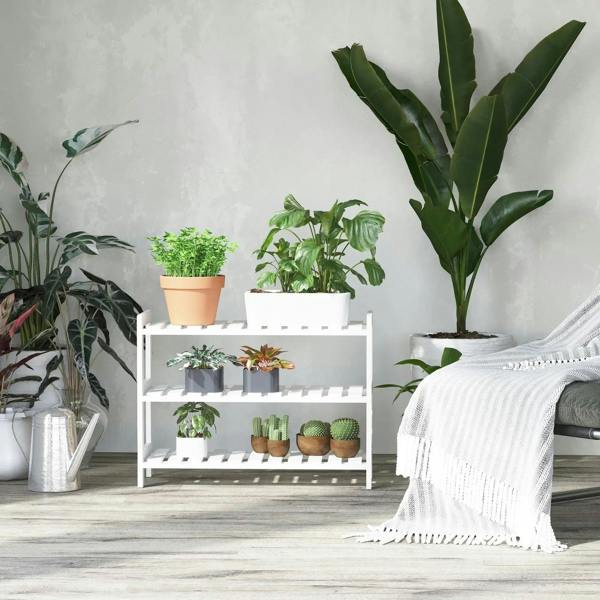 White 3-tier open shelf unit with slatted shoe rack tiers, styled with plants