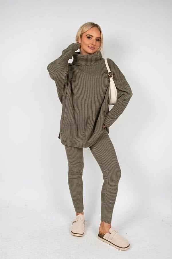 Mila Chunky Knitted High Roll Neck Top Bottom Co-ord Set - Khaki
