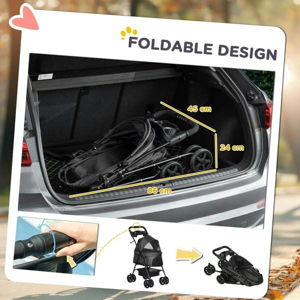 Foldable black dog stroller design shown folded in a car trunk for compact storage