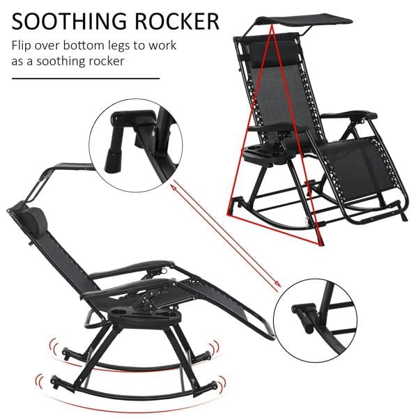 Black rocking sun lounger chair with removable side tray and padded headrest