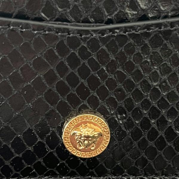 Supplied Fashion Versace Medusa Head cardholder in black snakeskin-embossed leather with a gold-tone logo stud.