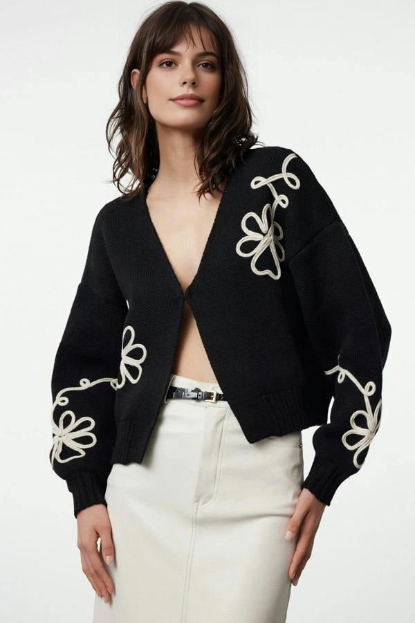 WOVCOR V-Neck Knit Cardigan with Embroidery Details