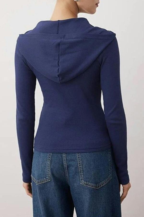 WOVCOR Ribbed Buttoned Knit Blouse with Hood