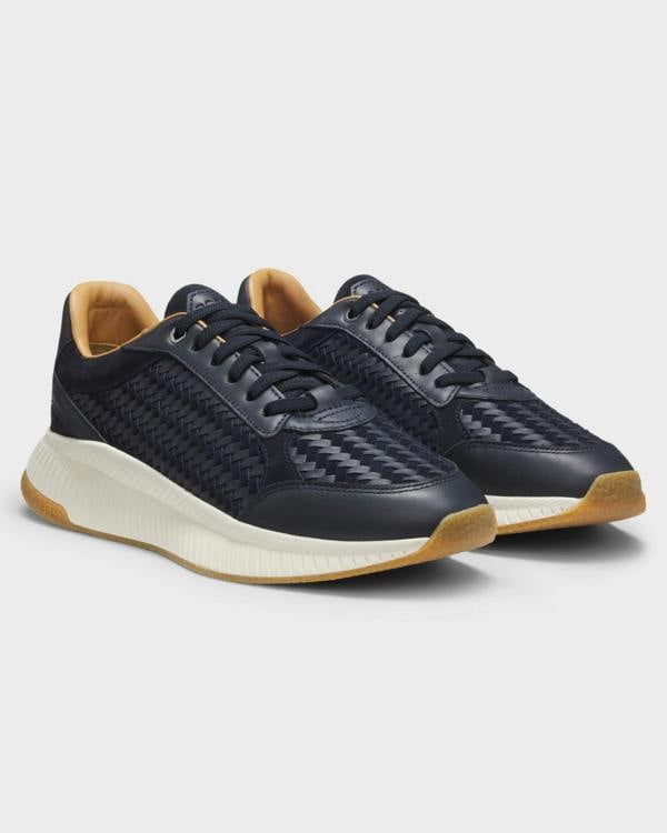 BOSS Orange TTNM EVO Mens Trainers with Woven uppers and Suede Trims - Dark Blue 401 | CHO | Designer Mens Trainers