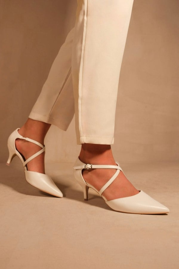 Where's That From Kennedi Low Kitten Heel With Crossover Strap in White Faux Leather