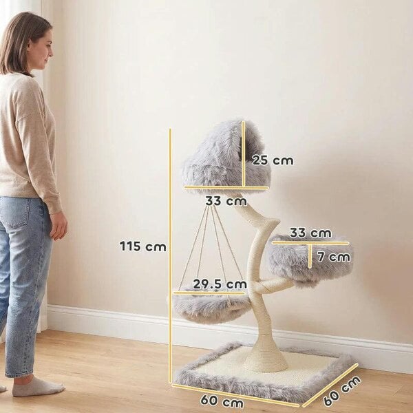 115 cm Modern Cat Tree Tower for Large Cats with Sisal Scratching Post, Holds 1 Cat up to 6kg, Machine-Washable Beds