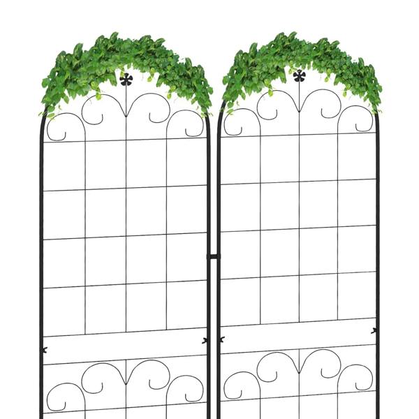 Black metal trellis set of 2 with arched tops, grid panels, and green climbing vines