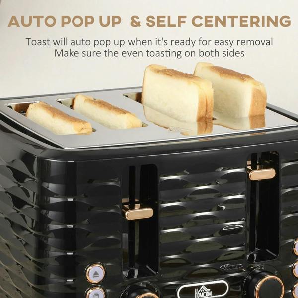 Black toaster interior with bread slices and control knobs at the front panel