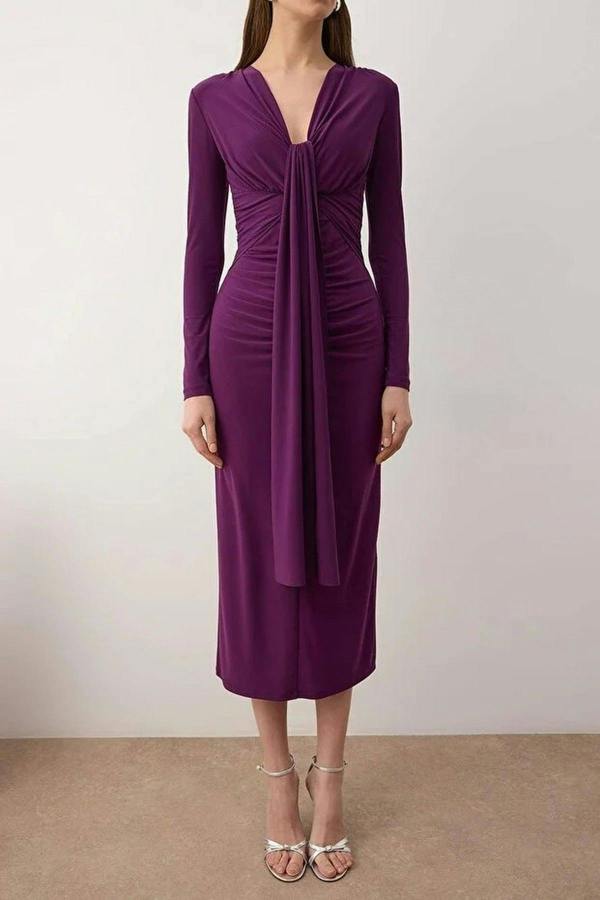 WOVCOR Elegant V-Neck Knit Dress