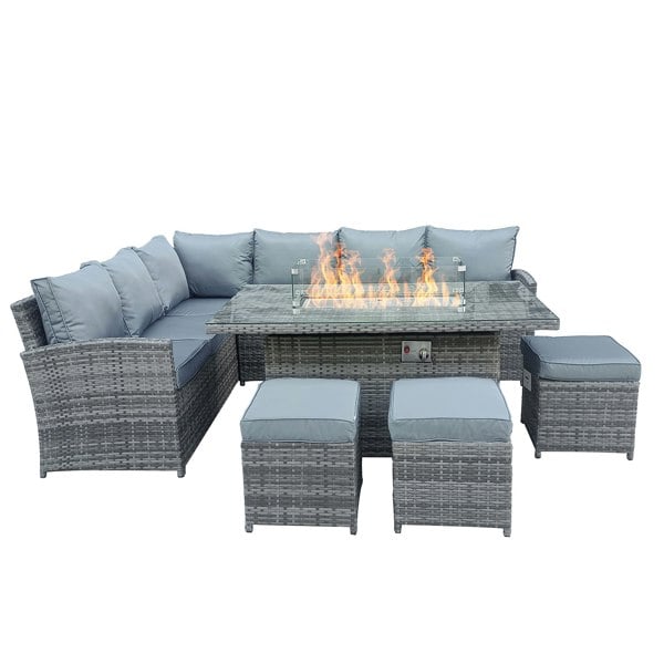 Furniture One 9 Seater Rattan Patio Dining Table Set with Table, Padded Corner Sofa, 3 Stool Outdoor Corner Sofa Set, All-Weather Patio Set