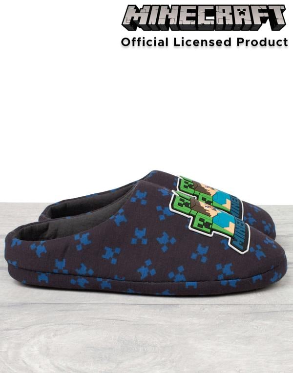 Minecraft Boys Blue Creeper Zombie Sequin Applique Slip On Loafer Slippers [dis]