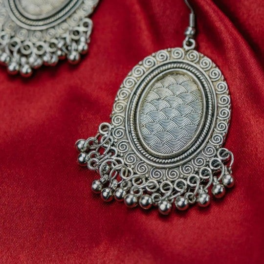 The Colourful Aura Silver Victorian Mirror Oval Dangle Oxidised Boho Ghungroo Drop Ethnic Earring