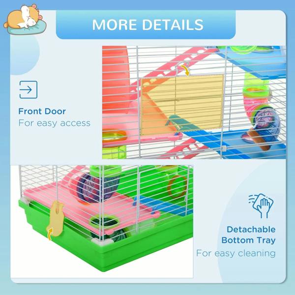 Green hamster cage with front door access and detachable bottom tray