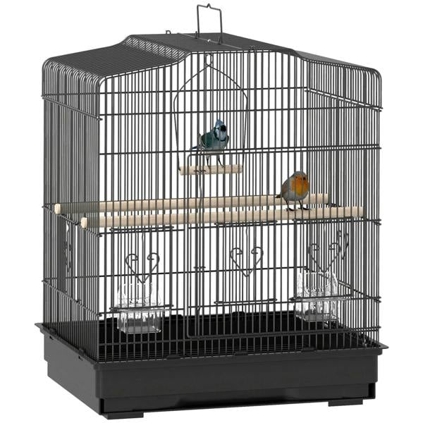 Black metal bird cage with front door, two wooden perches, and hanging food bowls