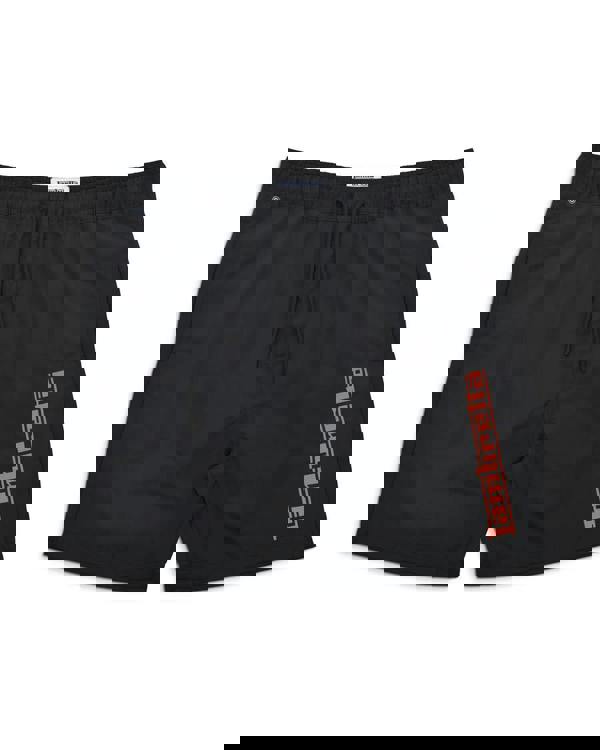 Lambretta Mens Swimming Casual Summer Shorts, black swim shorts with red Lambretta logo on the side and an adjustable drawstring waistband.