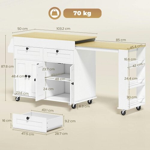 HOMCOM Rolling Kitchen with USB Ports & Power Outlets, Storage, White