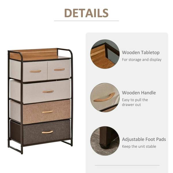 Details of wooden top, wooden drawer handles, and adjustable foot pads on storage dresser