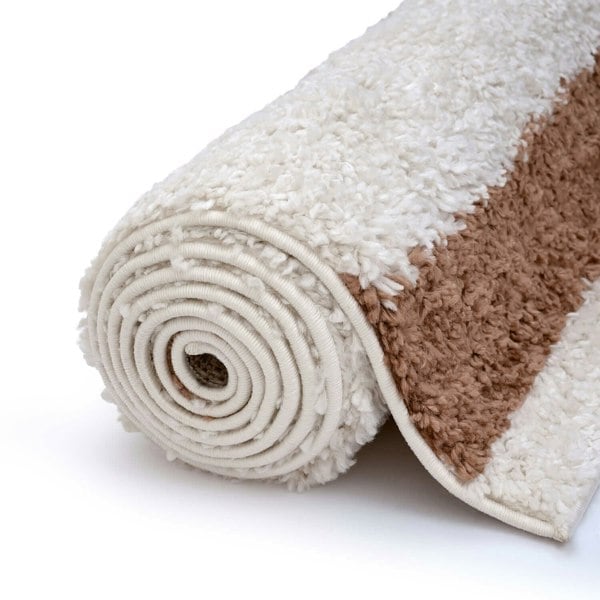 Moodi Shaggy Cream/Brown Rug, Bordered design, easy to clean, fluffy pile| THE RUGS
