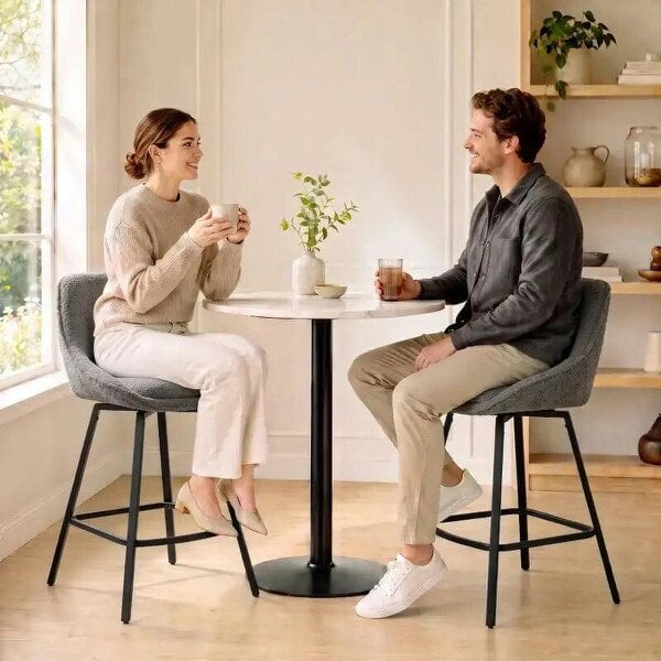 Bobobiy Bar Stools Set of 2, 64 cm Modern Linen-Touch Fabric 360° Swivel Counter Height Bar Chairs, Dark Grey