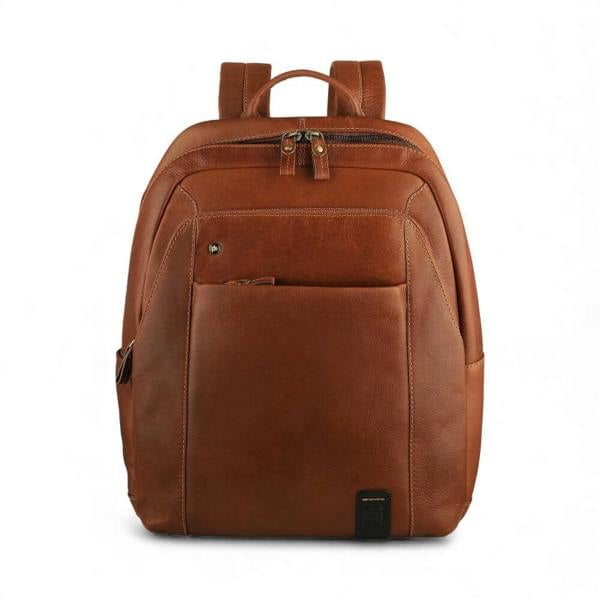 Tan leather backpack on a white background