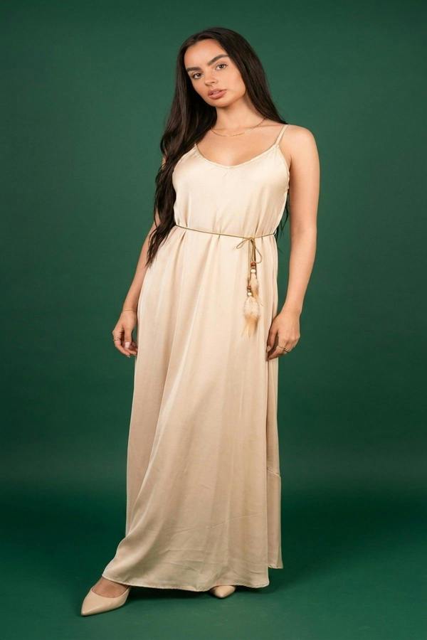 Liora Strappy Maxi Dress With Feather Tie Waist - Beige