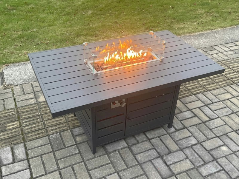 Fimous Aluminium 6 Pieces Garden Furniture Sofa Set with Cushions 8 Seater Gas Fire Pit Dining Table Set with Side Table Big Footstool Dark Grey