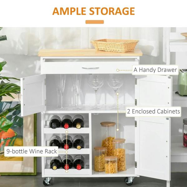 White kitchen cart opened to show drawer, glass holder compartment, cabinets, and 9-bottle rack