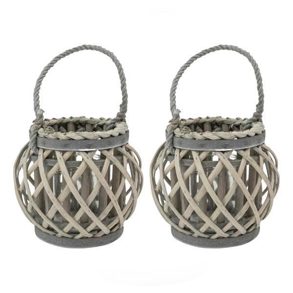 JVL Luna Set of 2 Natural Round Willow Wood Lantern With Braided Rope Handle, Grey Wash