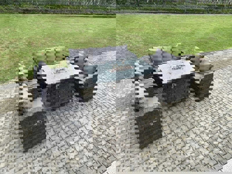 Fimous Garden Patio Furniture Wicker Rattan Gas Fire Pit Table and Sofa Chair set Dark Grey Mixed