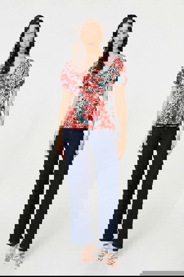 Orange | Ditsy Floral Faux Wrap V-Neck Top
