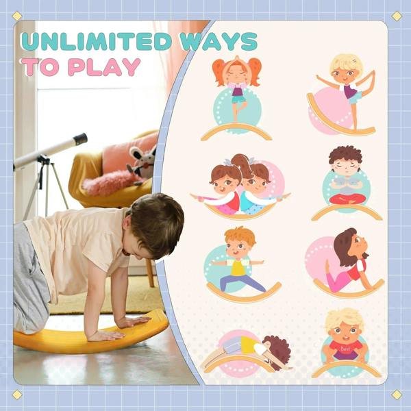 Orange balance board wobble toy on floor, child balancing while stepping