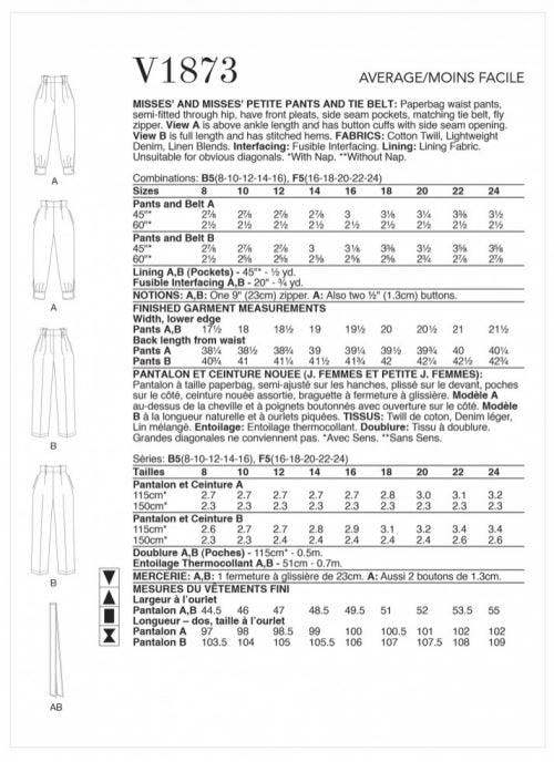 Vogue Sewing Pattern 1873, Trousers for Women, B5 (8-10-12-14-16) - Intermediate