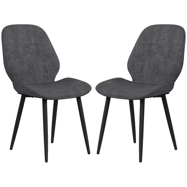 Pair of grey velvet dining chairs with curved backs and black metal legs