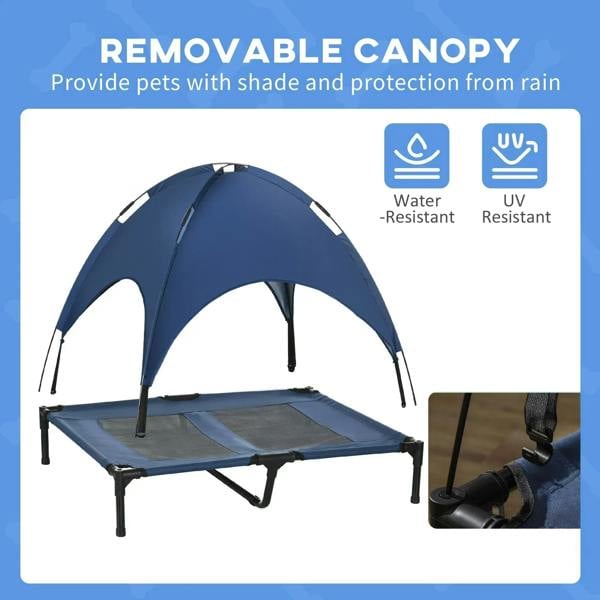 Raised pet cot with removable canopy for shade, rain, and UV water protection