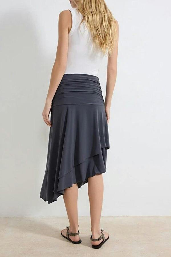 WOVCOR Skater Asymmetrical High-Waisted Midi Stretch Knit Skirt with Ruffles