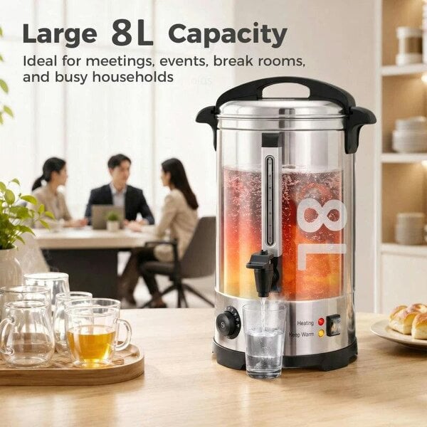 8L Catering Urn, 1500W Stainless Steel Hot Water Boiler Dispenser with Thermostat, Keep Warm Function & Easy Pour Tap