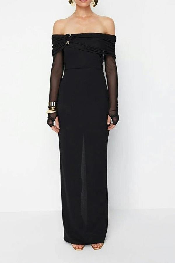 WOVCOR Knitted Long Evening Dress with Accessory and Glove Details