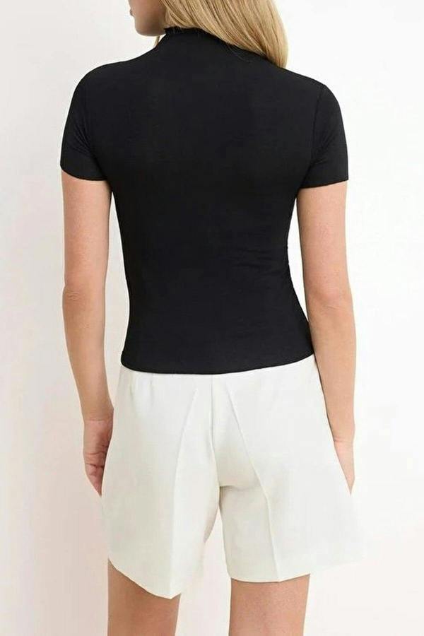 WOVCOR Fitted High Neck Short Sleeve Transparent Knitted Blouse