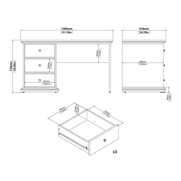 Wyld Haus Osaka Farmhouse Dark Grey Wooden Desk 3 Drawers