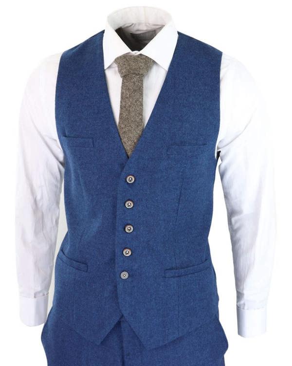 House of Cavani Mens 3 Piece Blue Tweed Wool Twill Vintage Classic Suit